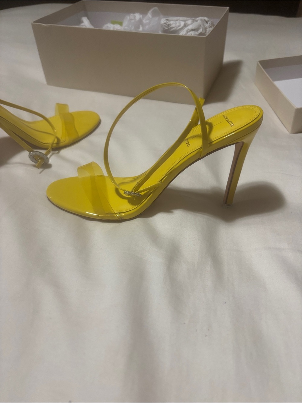 Yellow Strappy Stiletto Sandals - Women's High Heel with a shiny buckle
